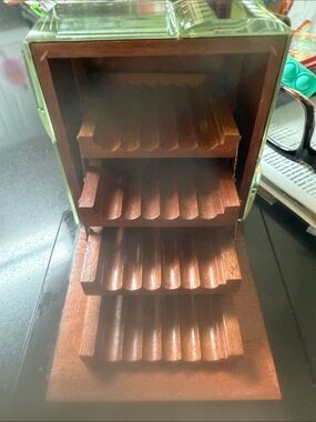 Vintage Mid Century Modern wooden cigarette dispenser with Tiered  4 trays..